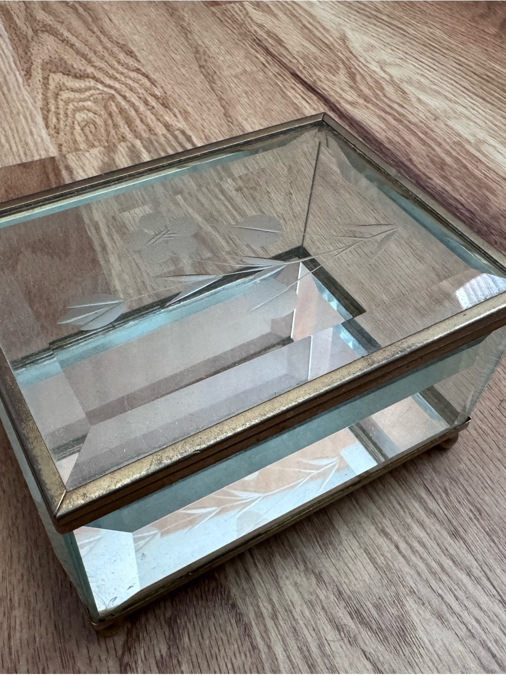 Vintage Crystal Glass Jewelry Box with Etched Flower Design and Brass Trim